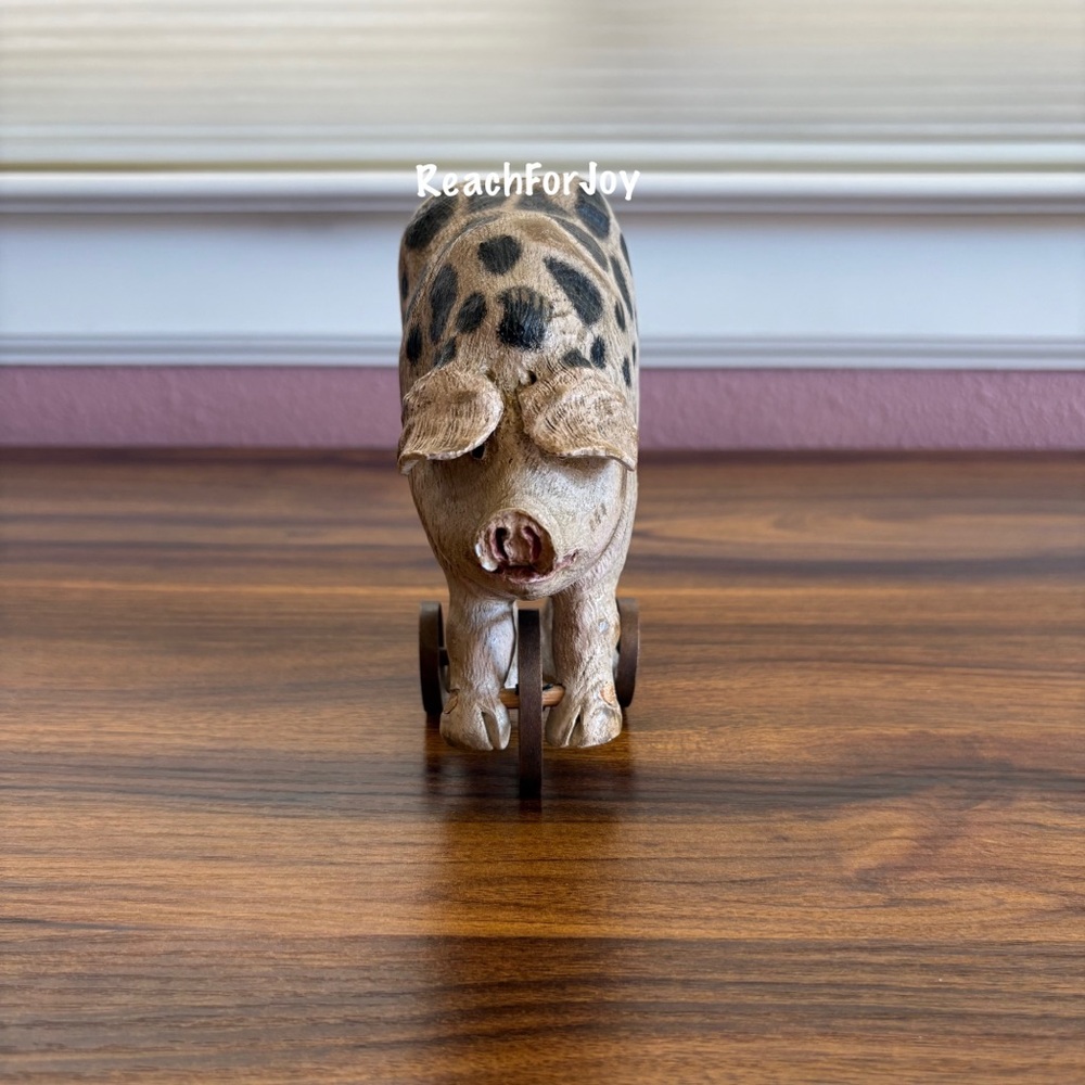 Pig Figure Wooden American Chestnut Folk Art Pig On Wheels Farm House Decor